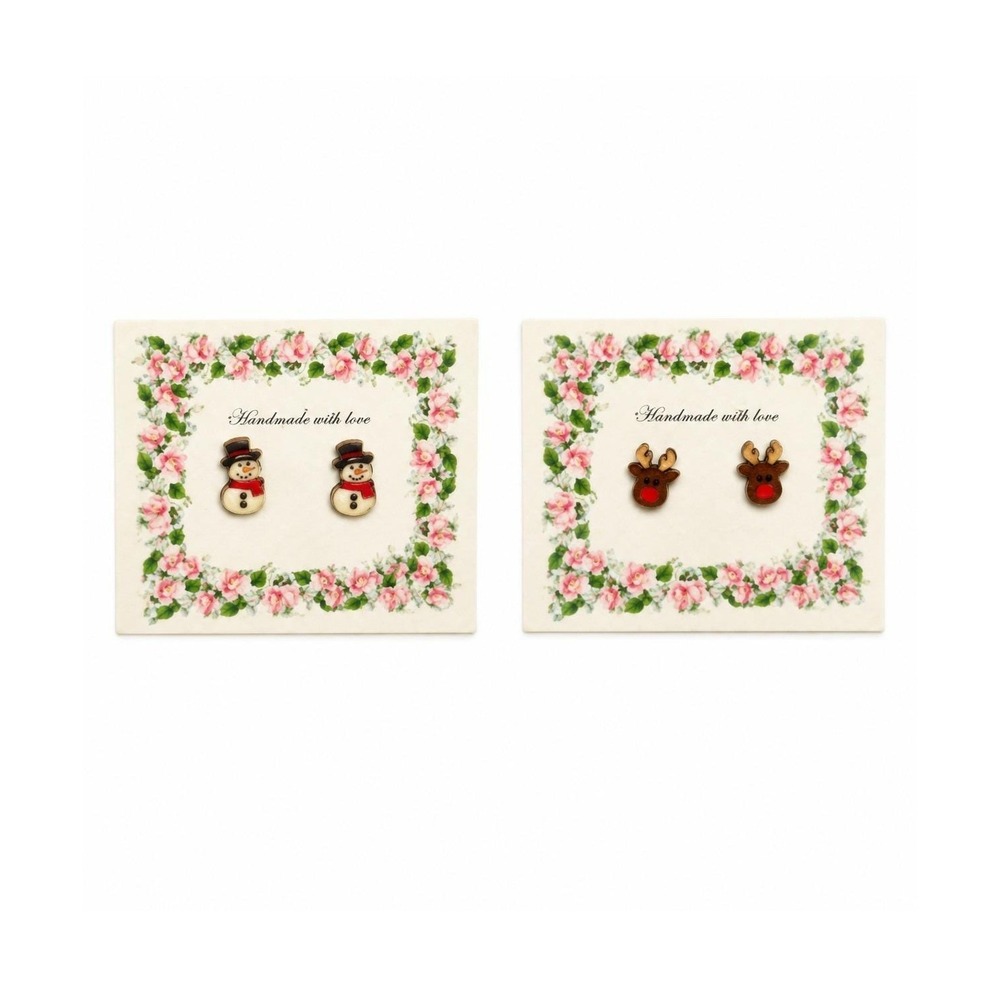 Handmade Stud‎ Earrings Women Small Multicolor Christmas Snowman Reindeer Wood